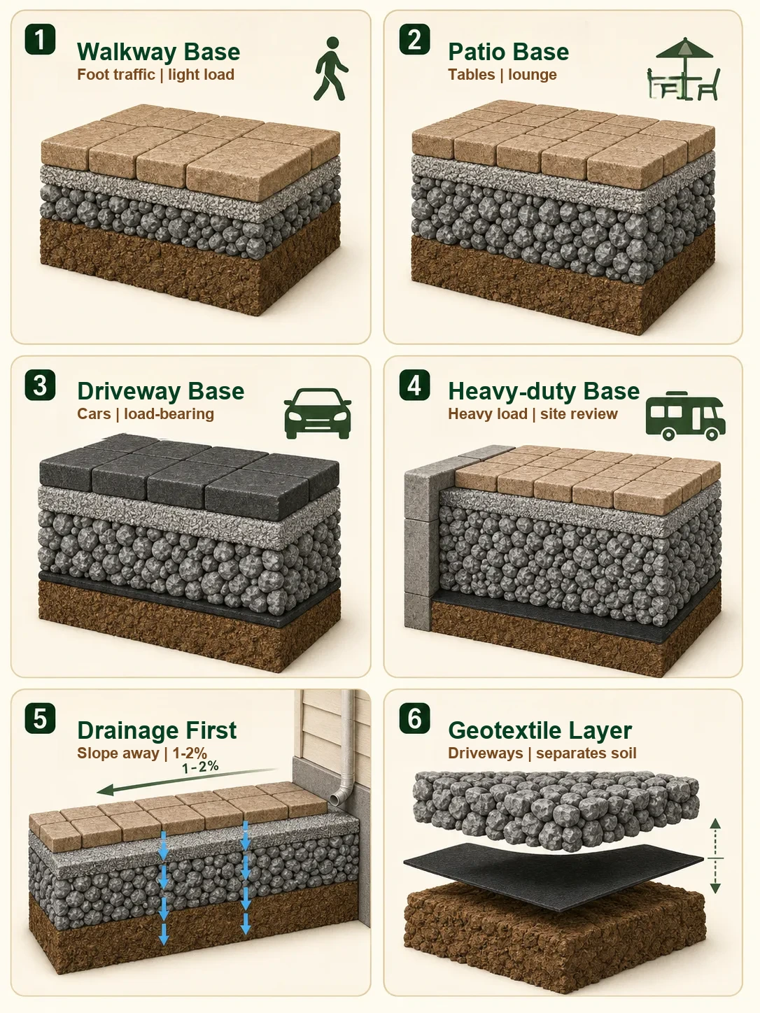Base prep compared across patio, walkway, driveway, and heavy-use scenarios.